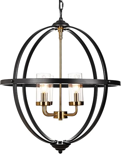 Treekee Lámpara de araña rústica, cubierta de cristal con acabado negro y dorado, de lujo, 4 luces de globo vintage, lámparas de techo colgantes