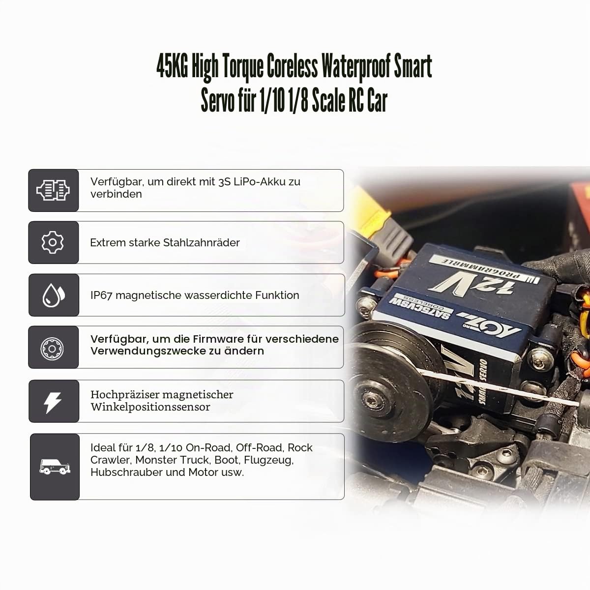 AGFRC 45KG Wasserdicht Digital Servo High Torque - Programmierbarer 12V Metal Gear Coreless Servo für 1/8 1/10 RC Modelle, Steuerwinkel 180° (SA75CVSW V2)