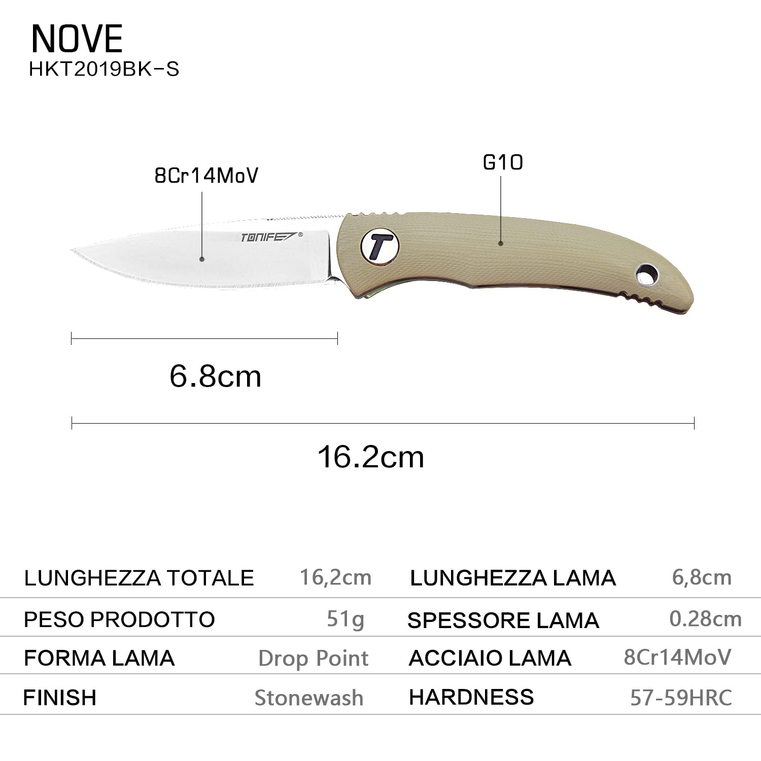 TONIFE Nova Full Tang Coltello da Caccia campeggio a Lama Fissa 6,8cm con Guaina Kydex Regolabile Facile Portabile con Cordino in Paracord per Outdoor, Sopravvivenza e Bushcraft（Cachi）