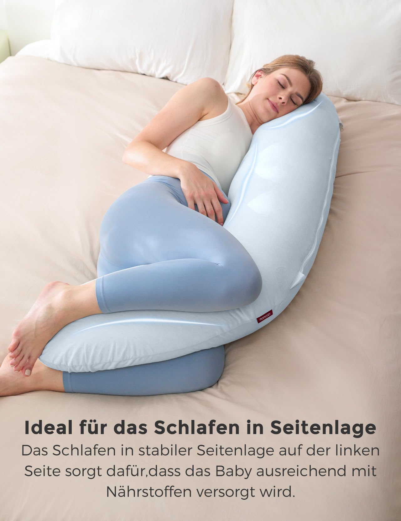Momcozy J-förmiges Seitenschläferkissen 119 x 43 cm – Oeko-TEX Schwangerschaftskissen & Stillkissen, weicher Bezug, Stütze für Bauch, Rücken und Beine, vielseitiges Körperkissen, maschinenwaschbar | Momcozy