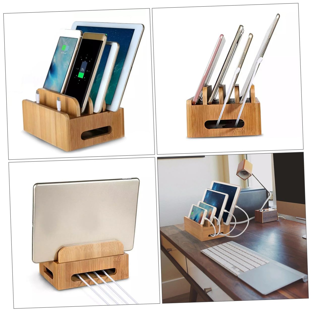 DOITOOL Supporto Caricabatterie USB in Legno per Telefono e Tablet Stazione Ricarica Multi-dispositivo con Organizzatore da Scrivania Elegante Porta Cellulare con Tre Bracci per Spazio