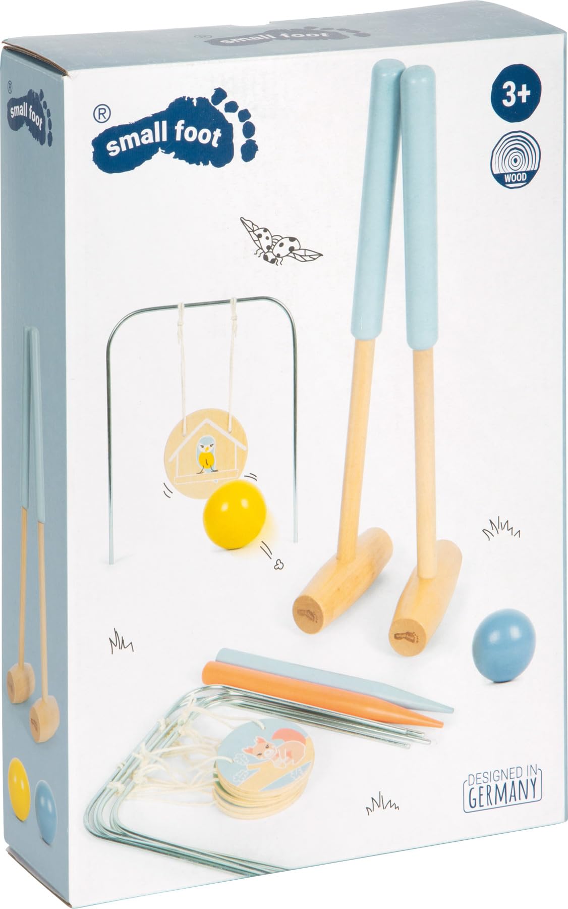 small Foot Krocket „Garden Buddies“ aus Holz, Robustes Outdoor-Spiel mit niedlichen Tiermotiven, für Kinder ab 3 Jahren, 12646, Blau und Gelb