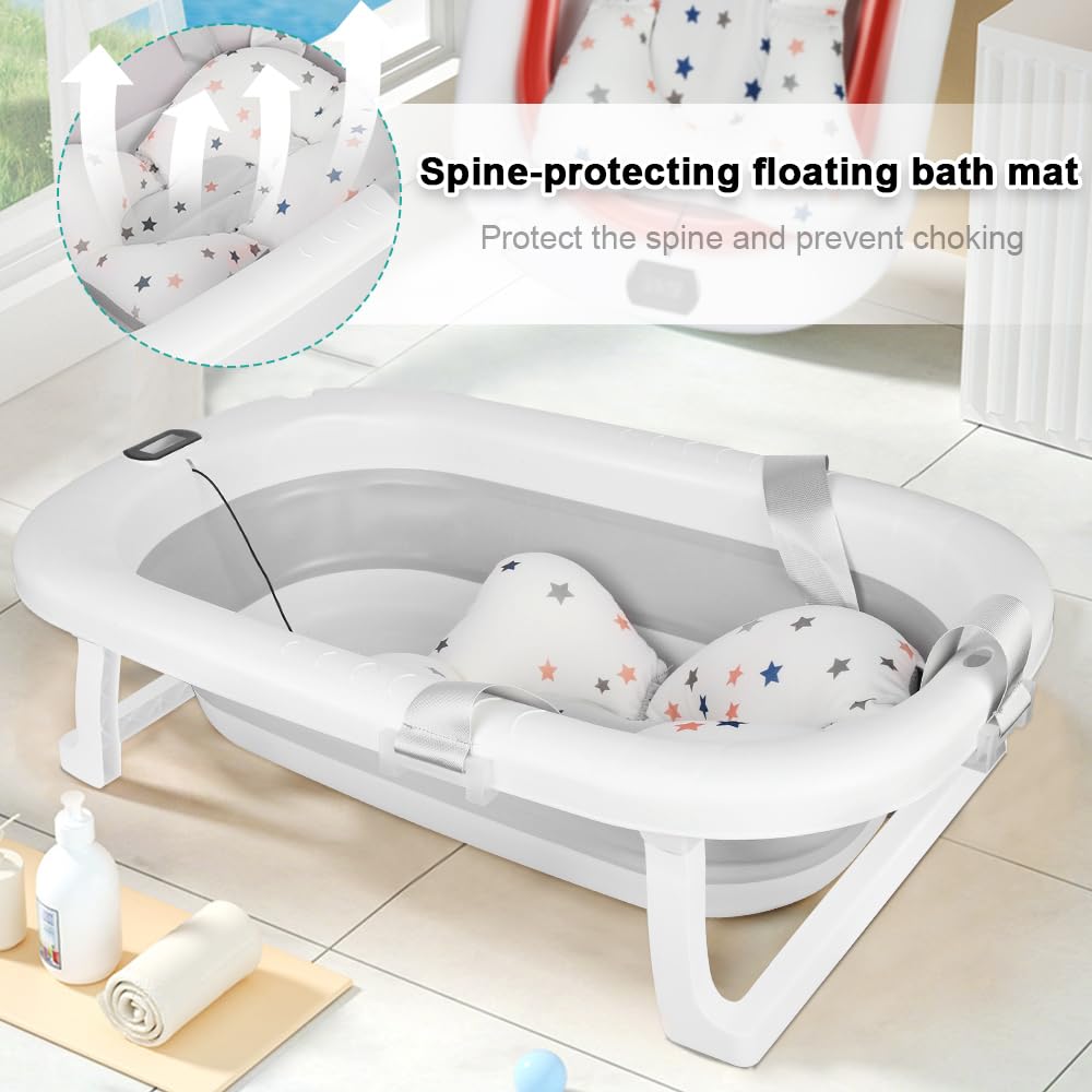Baignoire Bebe Pliable avec Thermometre Digital, Coussin, Prise Pommeau de Douche, Gris 80x50x23cm 0-24 Mois