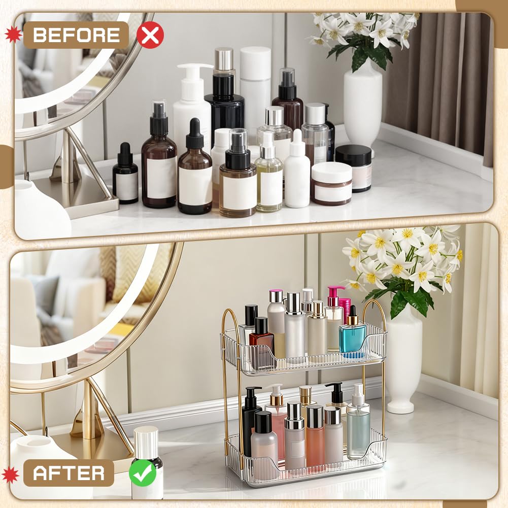 2 juegos de organizadores de maquillaje estrechos de 2 niveles, plástico transparente, doble capa, organizador de baño, soporte para perfume, almacenamiento de cuidado de la piel, estante de