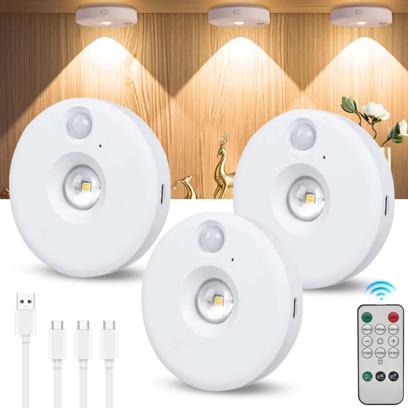 Colexy Pack of 3 Cabinet Lighting, Wireless Under-Unit Light, Kitchen, USB Rechargeable Showcase Lighting LED with Touch and Remote Control, Dimmable LED Spot Battery with Timing Function, 3 Colour