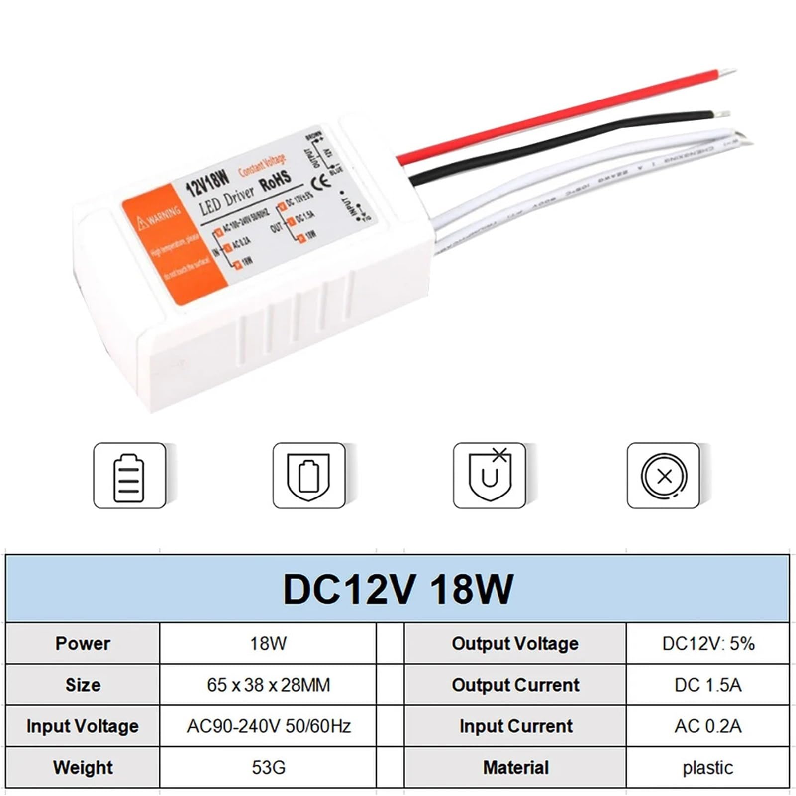 Sterownik LED 18 W 28 W 48 W 72 W 100 W stały prąd szerokie napięcie AC90-240V z chronionym zasilaczem przełączającym adapter DC12V (18W)