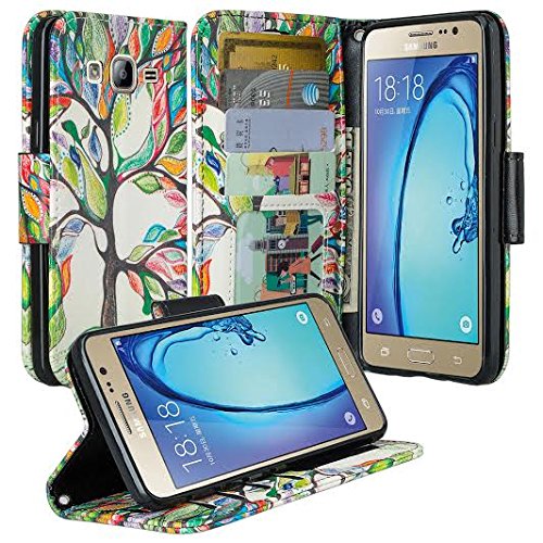 Galaxy J7 Case, Samsung Galaxy J7 Wallet Case, Wrist Strap Flip Folio [Kickstand Feature] Pu Leather Wallet Case with ID&Credit Card Slot for Galaxy J7, (Colorful Tree)
