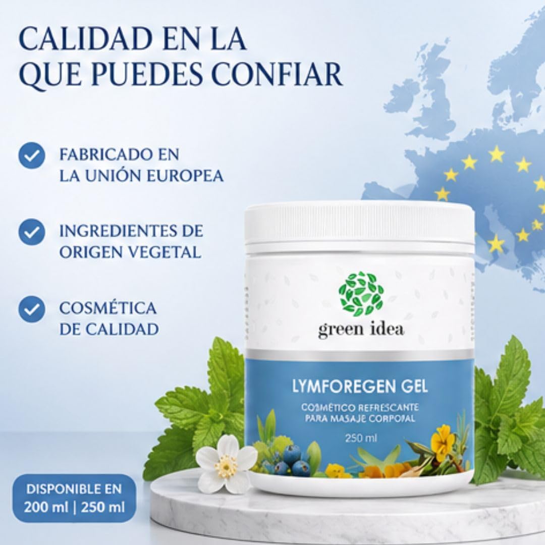 Green idea Lymforegen Gel para Piernas Cansadas y Pesadas – Gel Refrescante para Masaje Corporal con 15 Extractos Vegetales, Aceites Esenciales, Mentol y Rutina – 250 ml