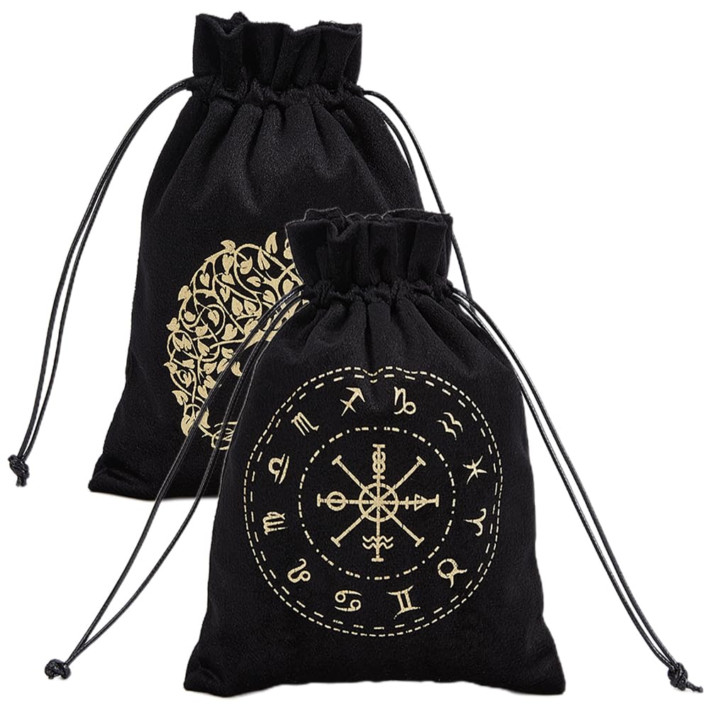 CREATCABIN 2 Bolsa Tarot Terciopelo Almacenamiento Tarjetas Tarot,12 Constelaciones,Bolsa Árbol la Vida,Soporte para Runas con Cordones,Grande para Cartas Tarot,Joyería Cristal,Dados,18x13cm,Negro