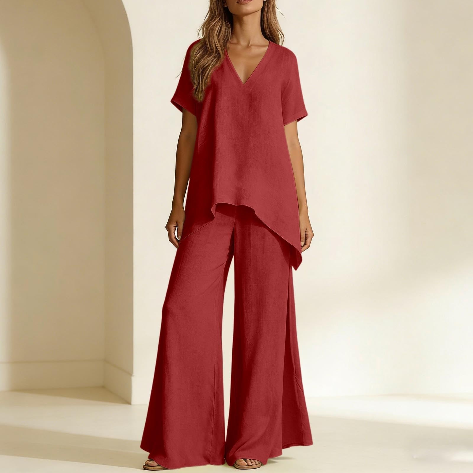 Chándal para mujer, conjunto, conjunto de dos piezas, informal, compuesto por un top de manga corta y un pantalón ancho para el verano, perfecto para un look estival cómodo
