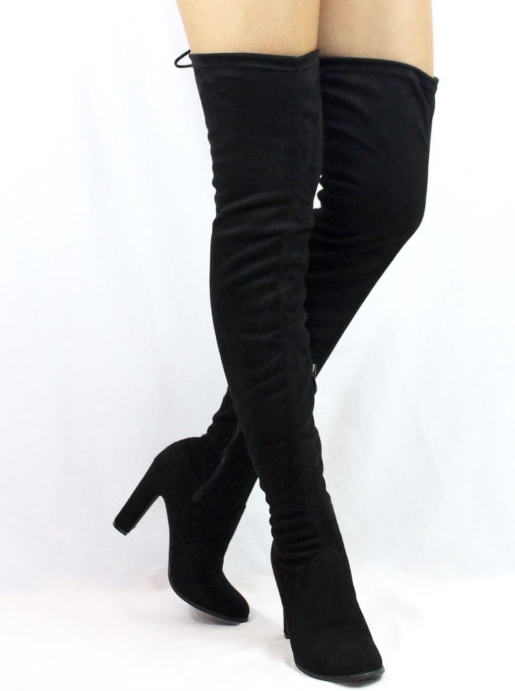 CherryMad Kylie-1 Black Over The Knee Chunky Heel Thigh High Round Toe Boots