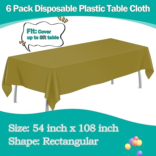 Miniatura 2 de tujol Paquete de 6 manteles de plástico desechables rectangulares de 54 x 108 pulgadas, manteles de plástico dorados para fiestas