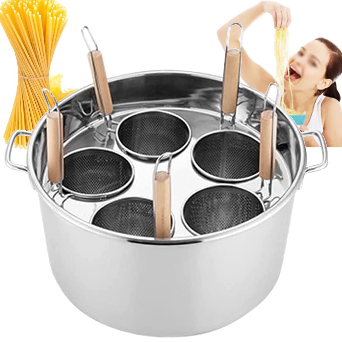 Olla de cocina de pasta de acero inoxidable 3/4 / 5, olla de pasta de acero inoxidable y cocina de cesta de filtro enchufable, adecuada,para cocina comerciales en restaurantes,5Holes
