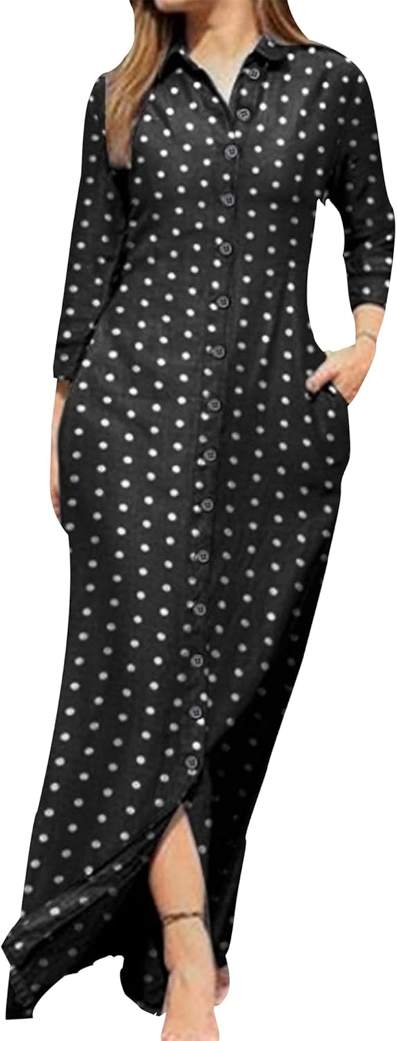 YMING Womens Floral Printed Dresses Long Sleeve Button Down Shirt Dress Lapel Loose Blouse Dress with Pockets - Image 2