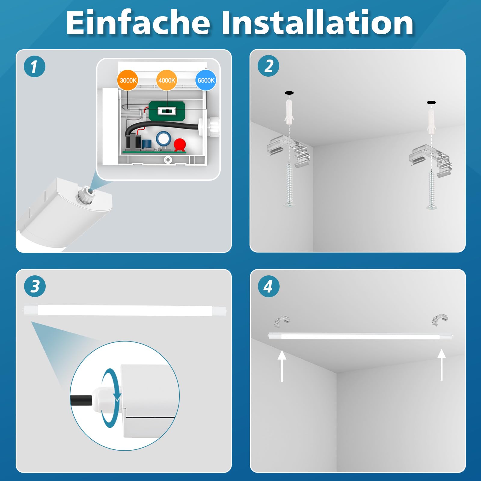 LED Feuchtraumleuchte 150CM 1er-pack, 48W 5400Lumen Feuchtraumleuchte LED, 6000K/4000K/3000K Kellerlampe, IP65 Wasserfest Feuchtraumlampe für Keller Werkstatt Garage Küche Büro