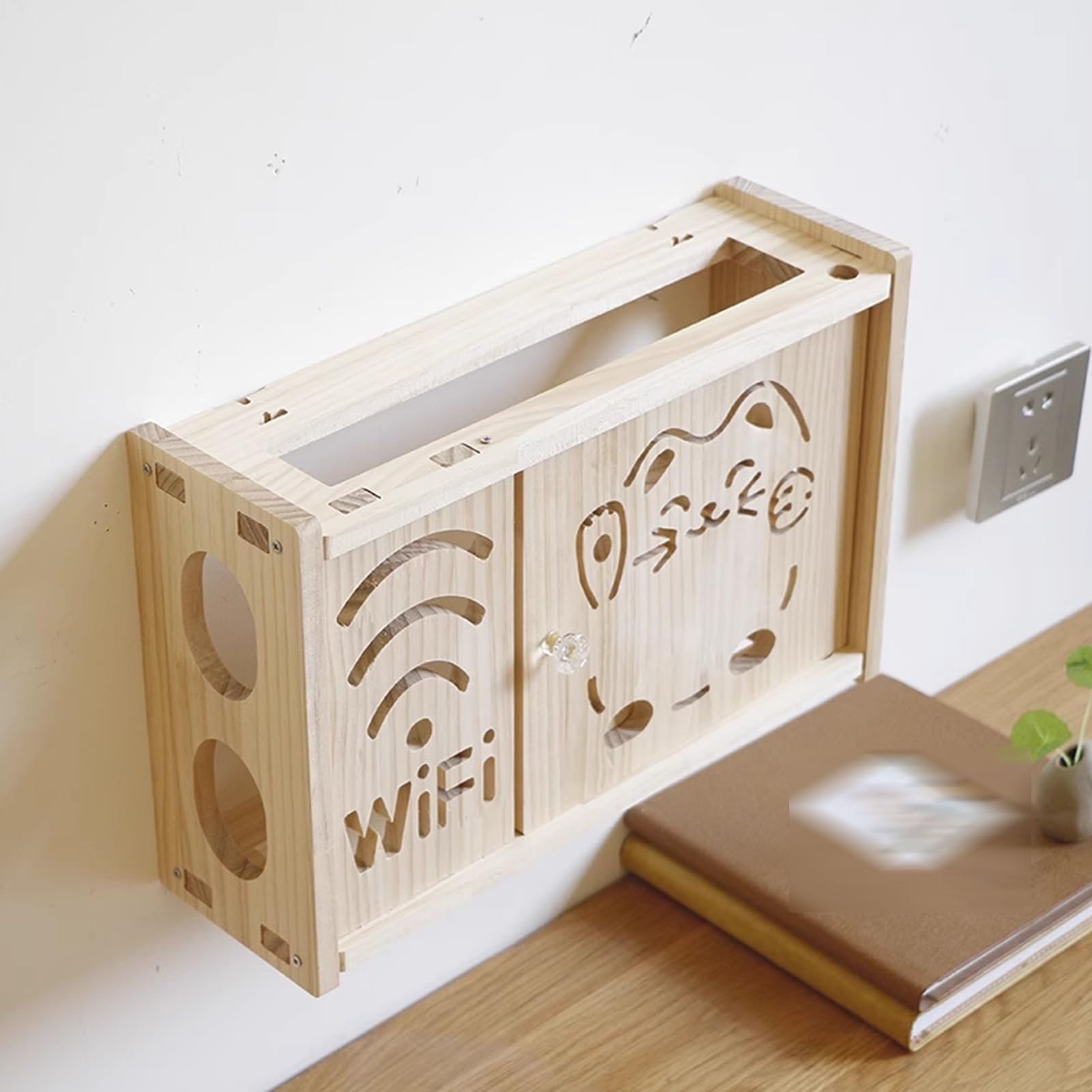 Wandmontiertes Router Regal – Steckdosen Versteckbox mit Kabellöchern, organisieren und verbinden für Router und Modem und Heimdekoration, schwebende Regale mit Halterung(36x11.5x24cm)