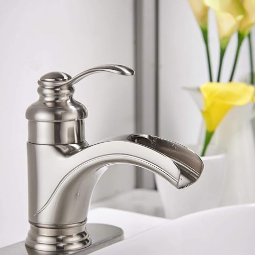 Miniatura 8 de Grifo de baño de níquel cepillado, lavabo de cascada, lavabo de un solo agujero, 1 manija montada en la cubierta con acabado de cepillo mezclador