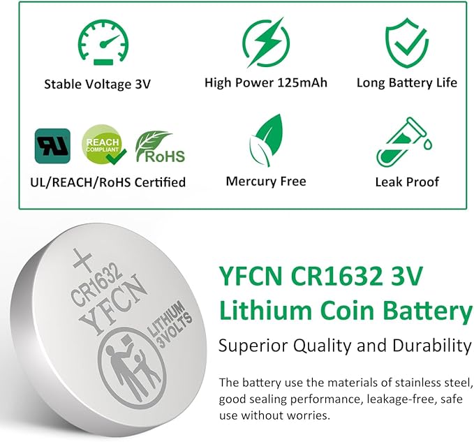YFCN CR1632 Batería de Litio 3V 5 Unidades para Llavero de Auto miniatura 2