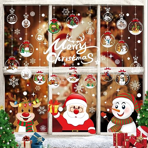 Double-Sided Christmas Window Stickers 10 Sheets 288pcs, Christmas Window Decorations Clings Decals Snowflake Santa Claus Reindeer for Office School Home Decorations Xmas Gift Party
