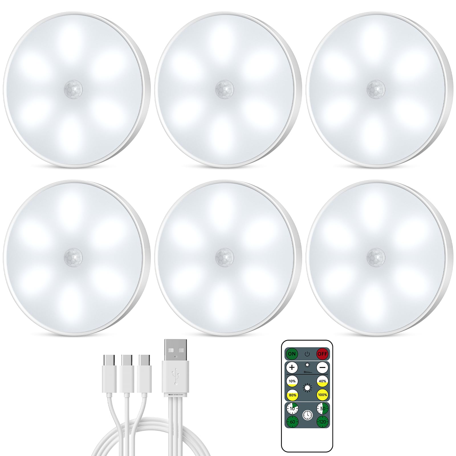 Clarynt LED Closet Lights Motion Sensor Puck Light, USB Rechargeable Battery Operated Puck Step Lights, Dimmable Under Cabinet Lighting for Counter Wardrobe Kitchen (White, 6 Pack)