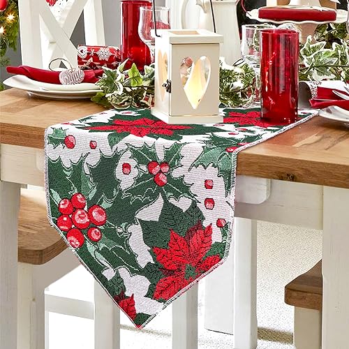 OurWarm Christmas Table Runner, Flower Table Runner 72 Inches Long Poinsettia Table Runner for Christmas Dining Table Decorations
