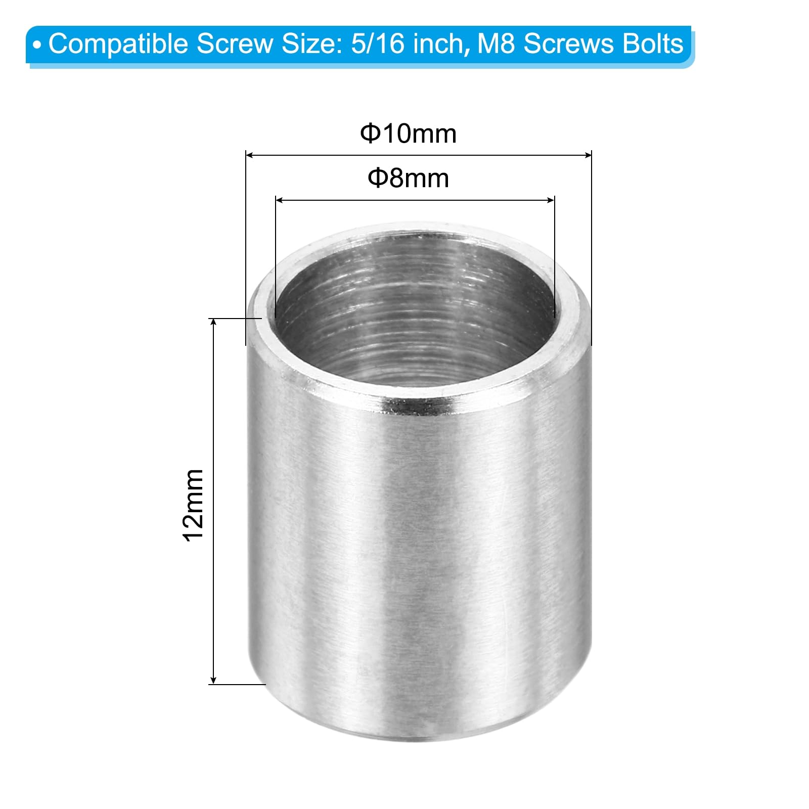 PATIKIL M8 Stainless Steel Spacers, 12Pcs Metal Spacer 8mm ID x 10mm OD x 12mm L Screw Standoff for 5/16" or M8 Screw - Image 2