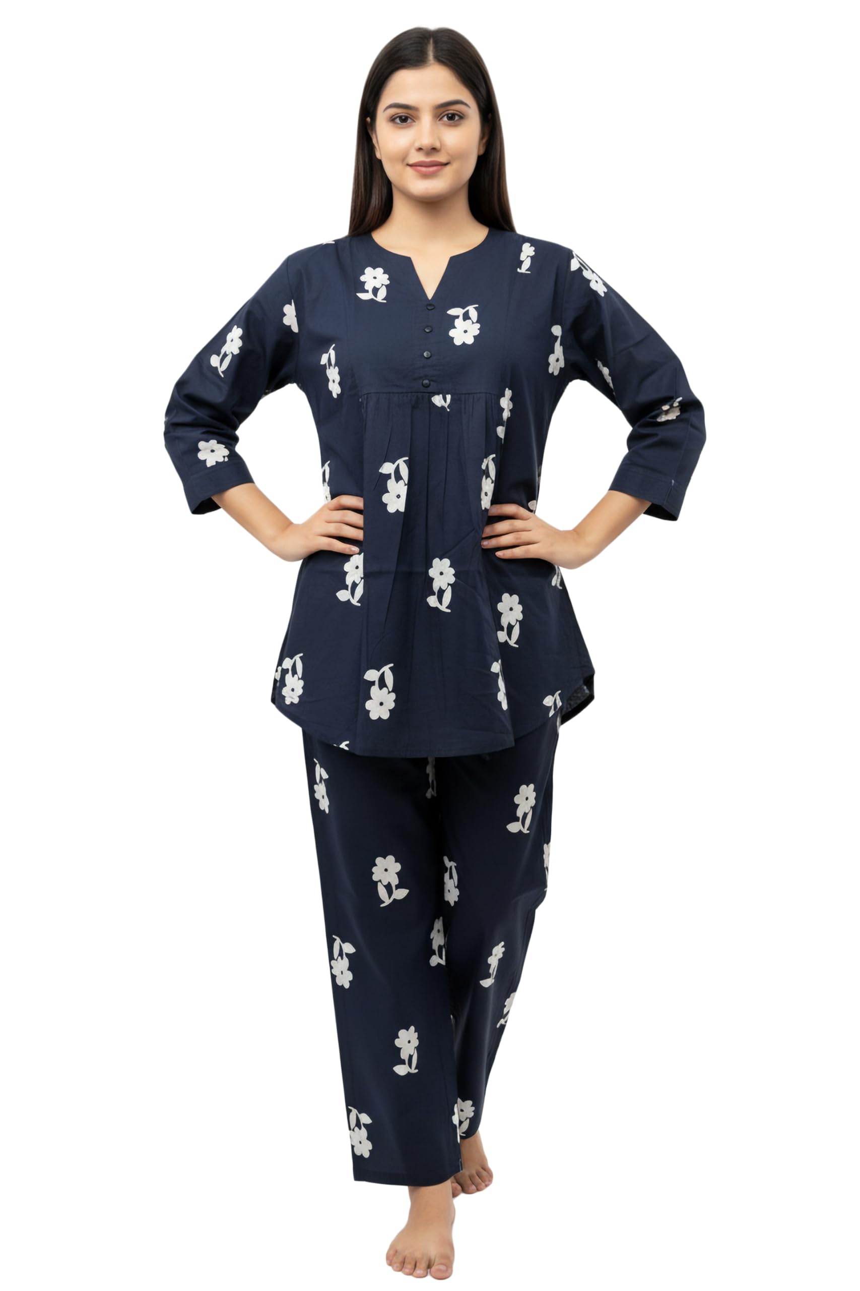 Co-ords Set for Women's Floral Printed Cotton Night Dress of Kurti and Pyjama Set-image-42