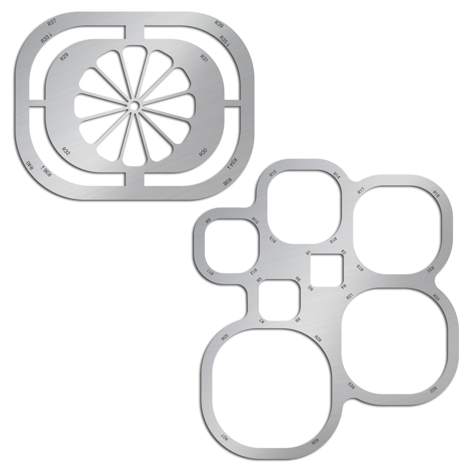 ORIGACH 2 PCS Round Corner Metal Template Set with Floral Patterns, Stainless Steel Drawing Template, Stainless Steel Cutting Stencils for Straps End, 5.4-5.9?.3-5.1Inch