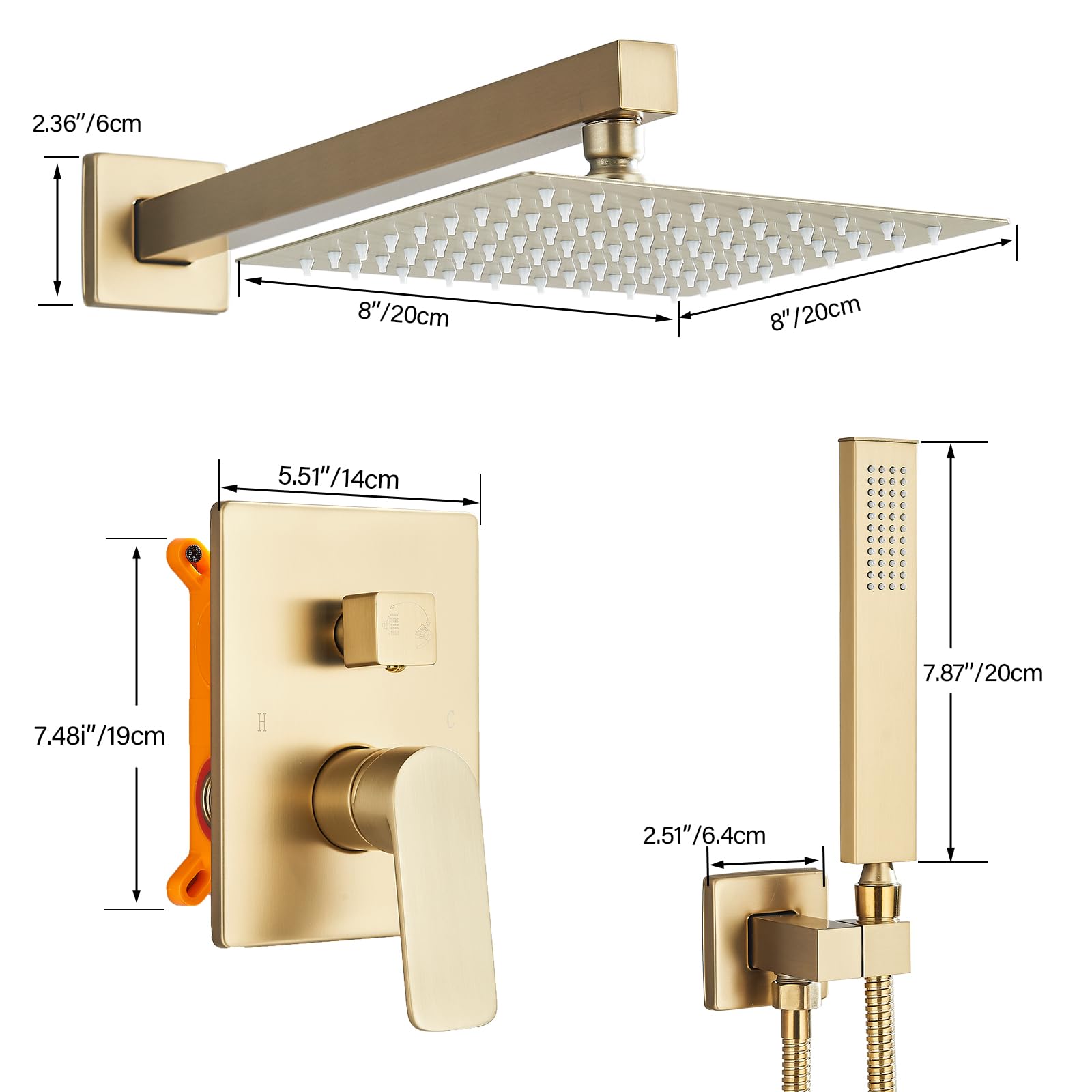 Doccia a Incasso Doccia Sistema con Valvola Montaggio a Parete Soffione Doccia a Pioggia Quadrato da 20cm,Doccetta,Rubinetto Vasca Da Bagno,Oro Spazzolato
