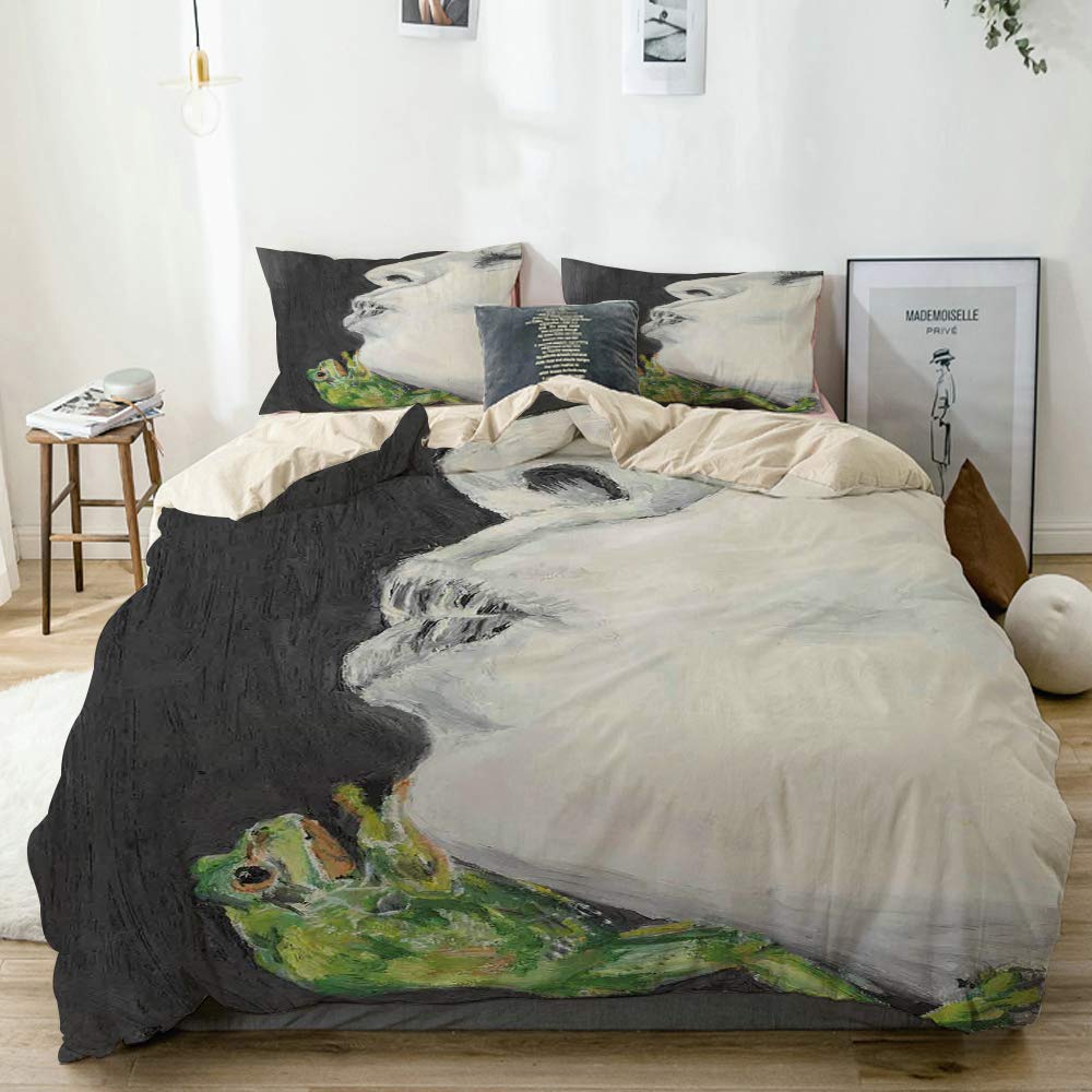 NR bedding-Duvet Cover Set,Beige,Drawing of Lady Kissing The Frog Prince Soul Mates Love Boho Animal,Microfibre 200x200 with 2 Pillowcase 50x80,Double