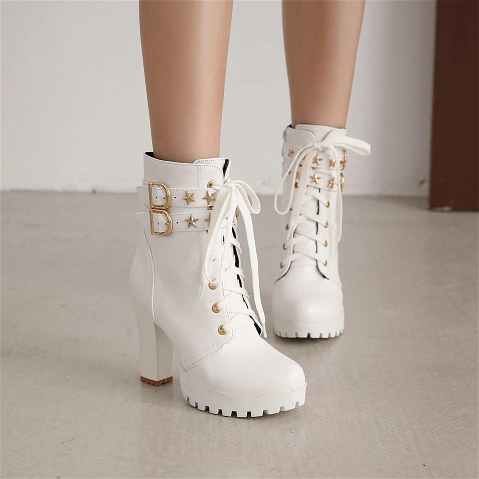 ZKXYFFS Women Goth Leather Block Heel Ankle Boots Chunky High Heel Round Toe Platform Fashion High Heels Lace Up Combat Booties