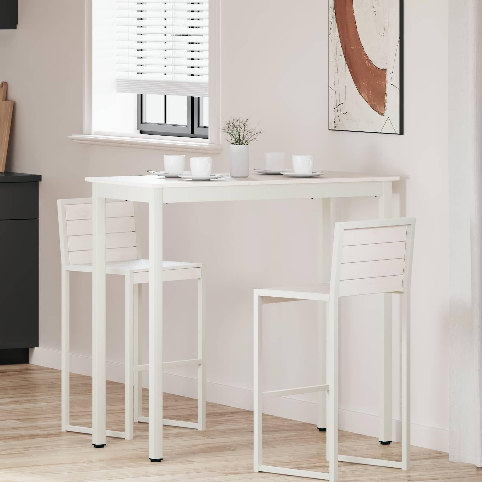 Table de bar blanche 110x55x105 cm en bois de pin massif et métal robuste pour cuisine