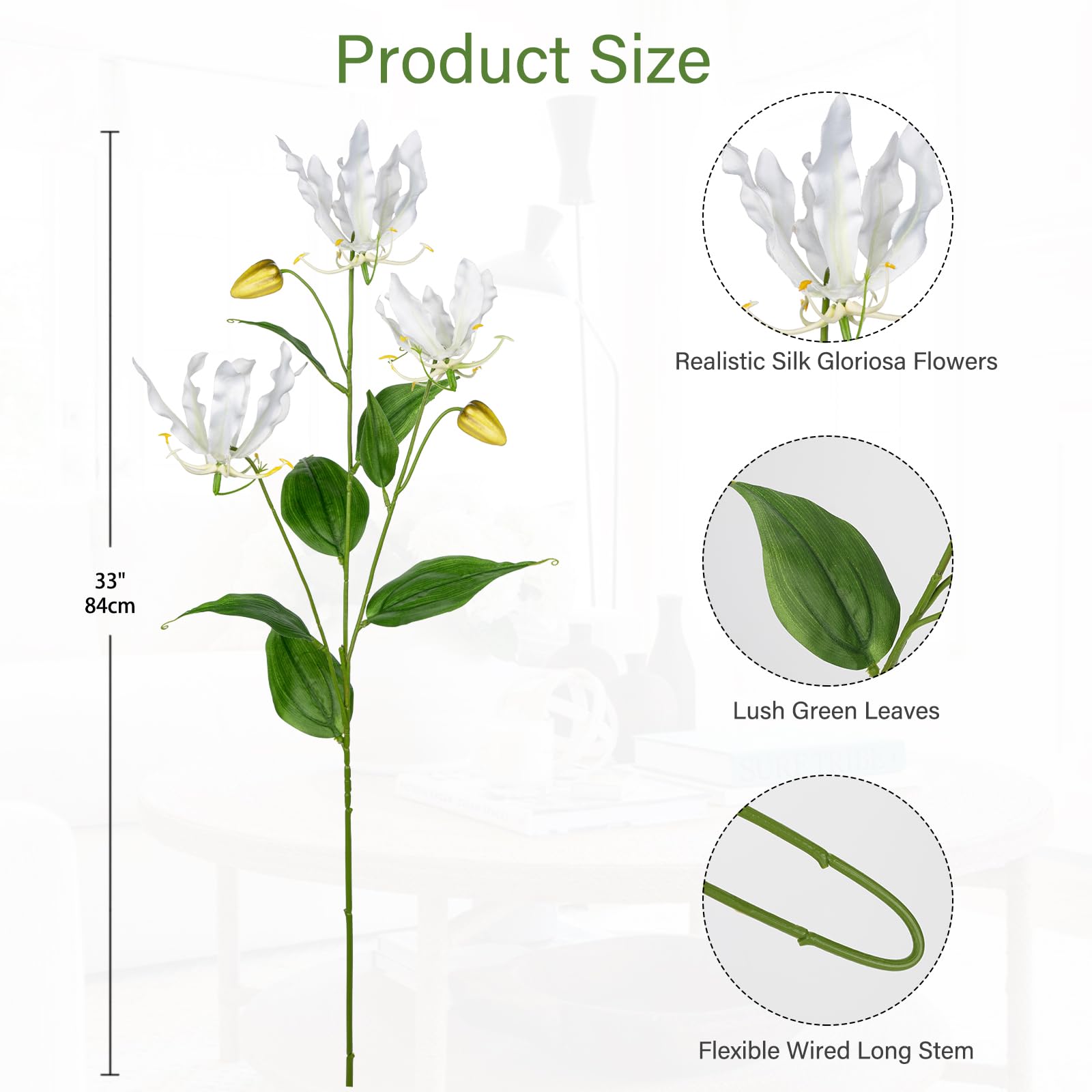 Gloriosa Lily Artificial Flowers, White Climbing Lily, Length 84 cm, Artificial Branches, Spring Flowers - Image 2