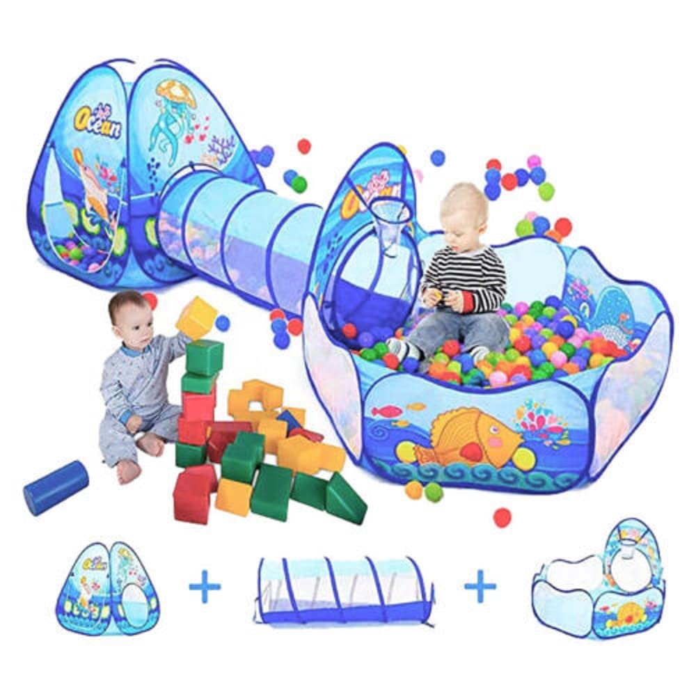 BabyGo 3-in-1 Pop Up Play Tent House with Tunnel & Ball Pool for Kids - Ocean Theme (Balls Not Included)