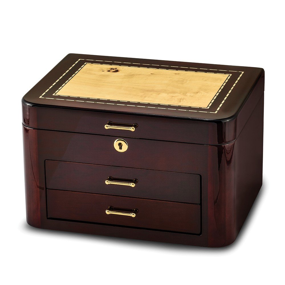 Solid Burgundy Bubinga Wood Veneer 2 Drawers Jewelry Box