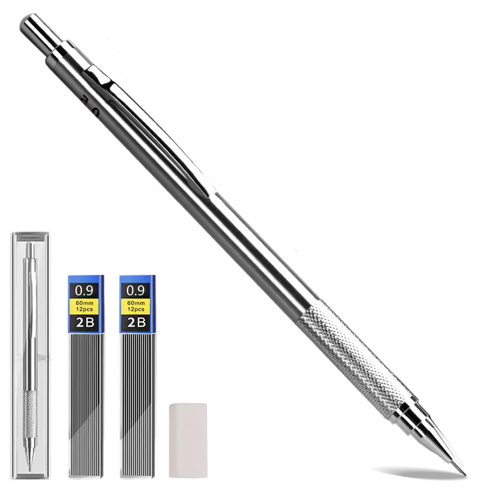 0.9mm Metal Mechanical Pencils with 8 2B Lead Refills & 4 Erasers, Perfect for Writing, Drafting, and Sketching