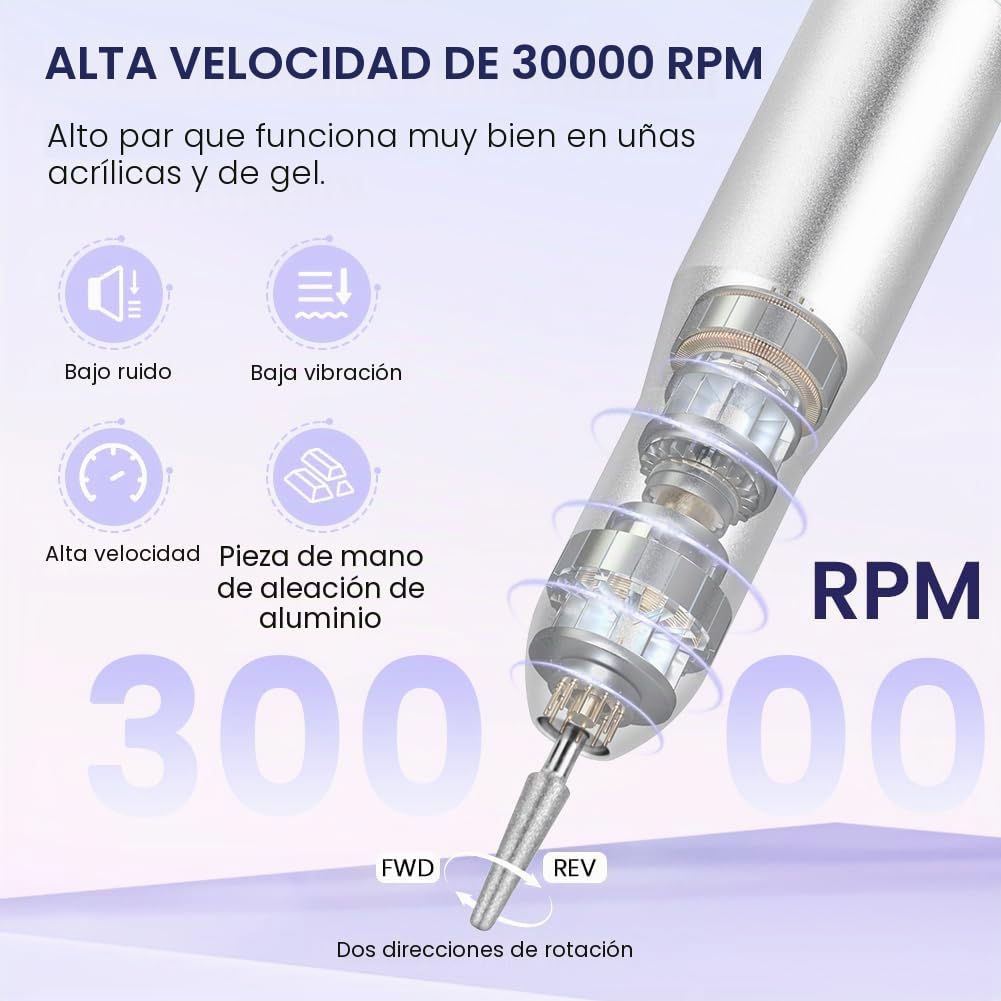 Torno para Uñas Profesional 30000 RPM, Torno para Uñas Portátil Recargable, Tor-no Uñ-as Taladro Eléctrico con 6 Brocas, Velocidad Ajustable, para Gel o Acrilicas para Hogar y Salón （Blanco）