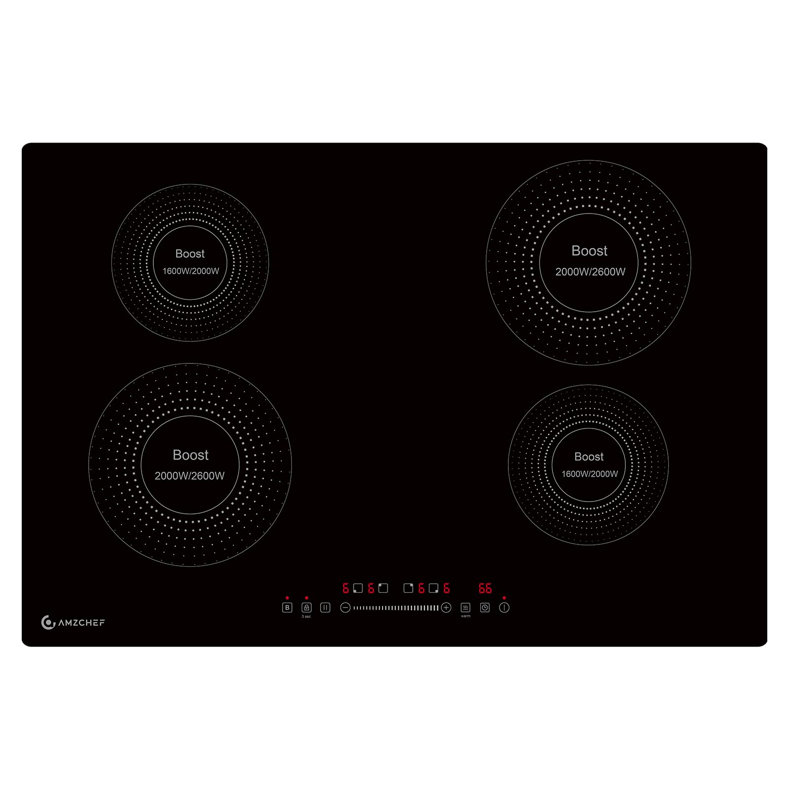 AMZCHEF Electric Cooktop 30 Inch with 4 BOOST Burners Bulid-in Induction Cooktop, 220V-240V/7200W 9 Levels Stove Control by Slide Touch, Child Safety Lock, Pause,Timer and Overheat Protection, No plug