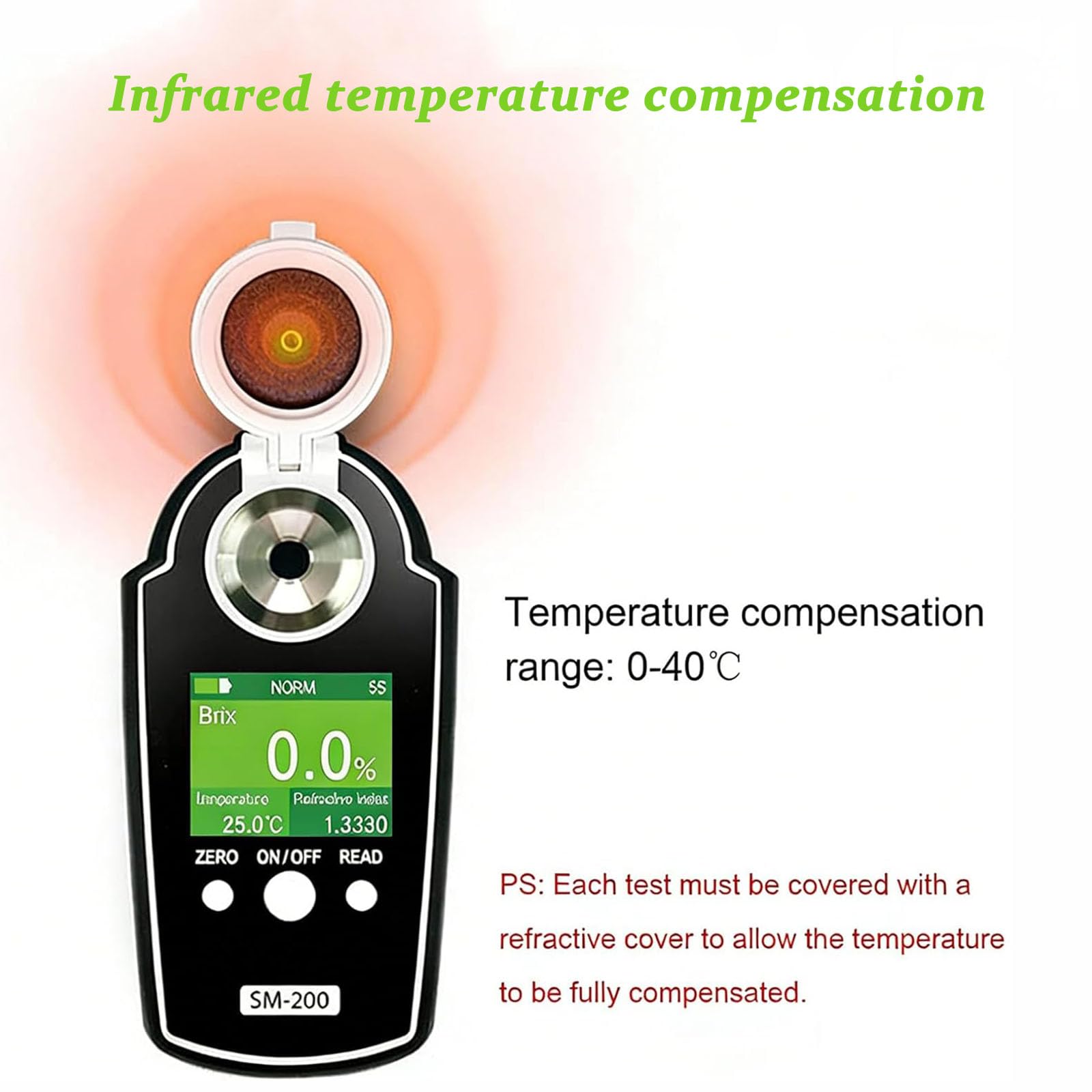 Rifrattometro digitale Brix per test zucchero frutta, intervallo 0-58%, risoluzione 0,1%, compensazione automatica della temperatura per uso alimentare e bevande