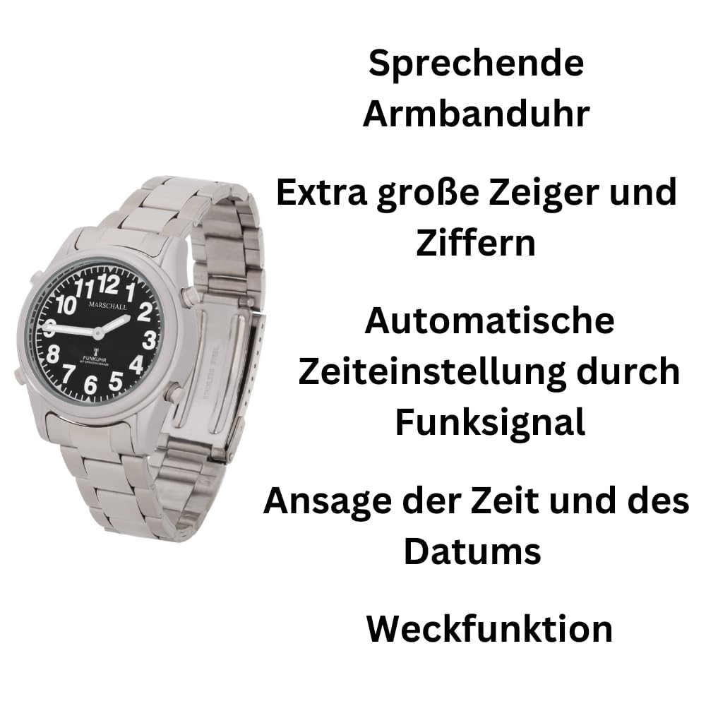 Marschall Deutsch sprechende Damen Armbanduhr I 1138S I Funkarmbanduhr I Für Blinde, Senioren und Sehbehinderte I Datum- und Zeitansage I Extra große Zeiger I Metallgliederarmband