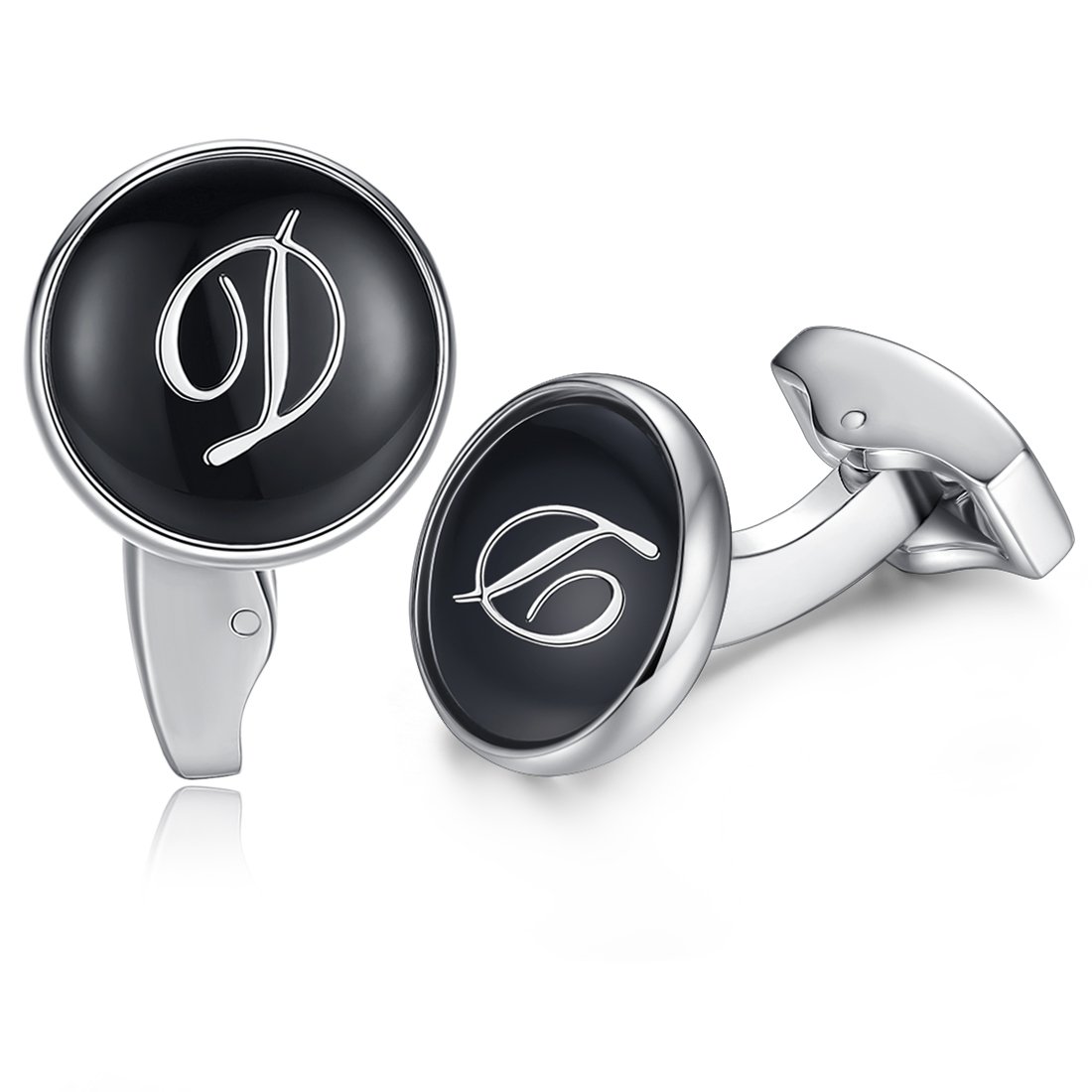 HONEY BEARInitial Alphabet Letter Cufflinks for Men, Black Round Shape Stainless Steel Wedding Business Cufflinks A to Z