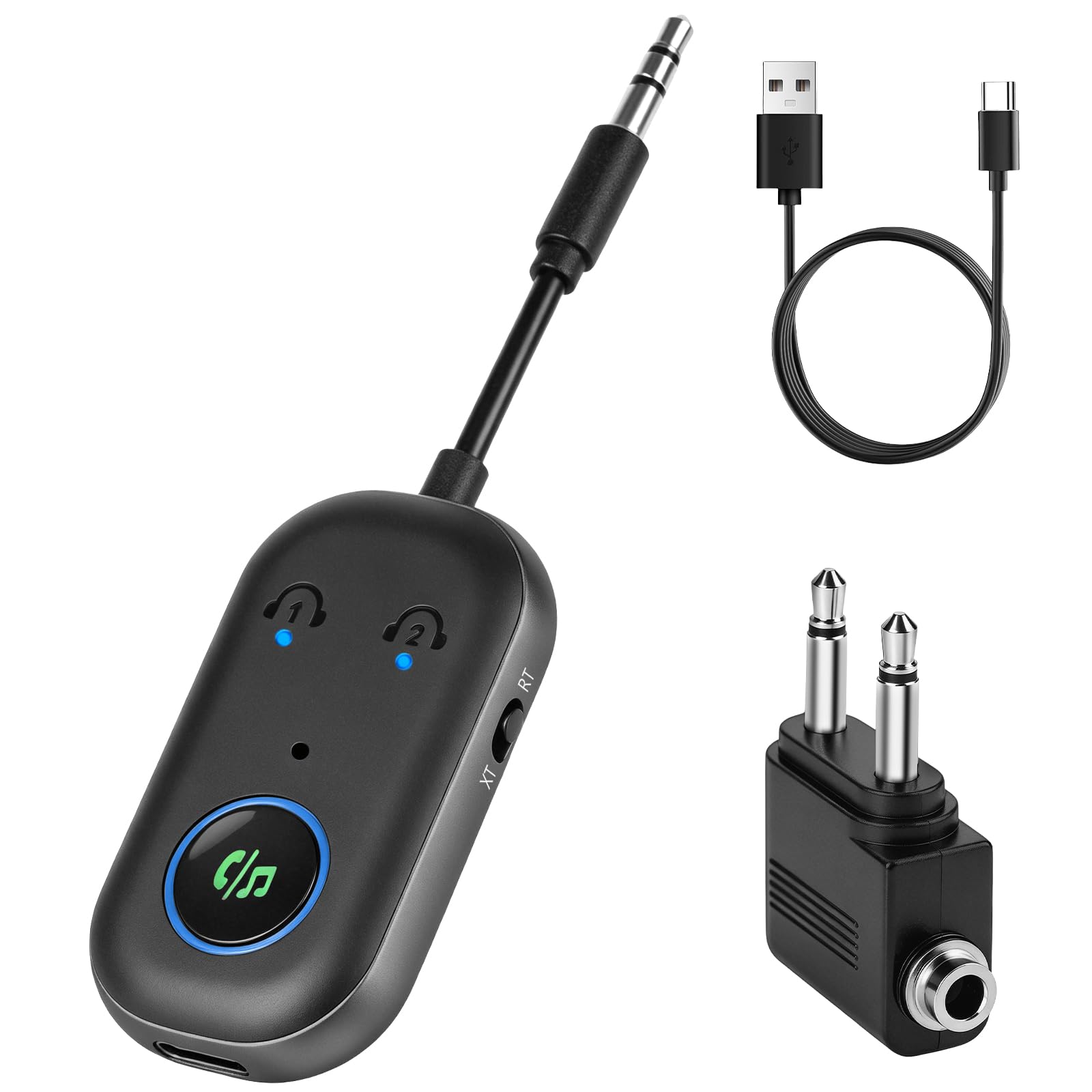 AXFEE Transmisor Receptor Bluetooth5.3,Transmisor Receptor Bluetooth 2 en 1 | Adaptador Bluetooths Enchufe AUX de 3.5 mm, para TV/M贸viles/Coche/Auriculares/Altavoces (Negro)