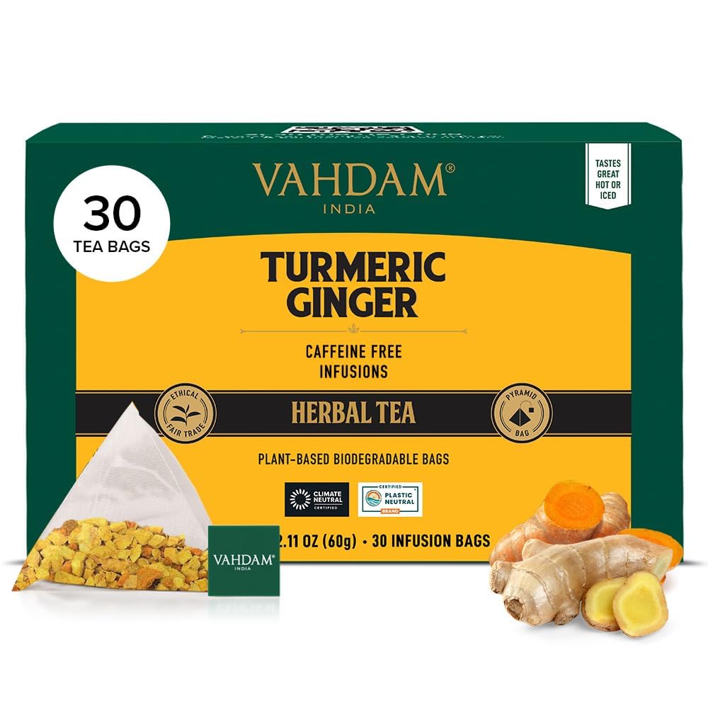VAHDAMTurmeric Ginger Herbal Tea - 30 Pyramid Tea Bags, Caffeine Free, Non GMO, Gluten Free - 100% Pure Herbal Blend - Savory & Spicy - Individually Wrapped - Direct from Source