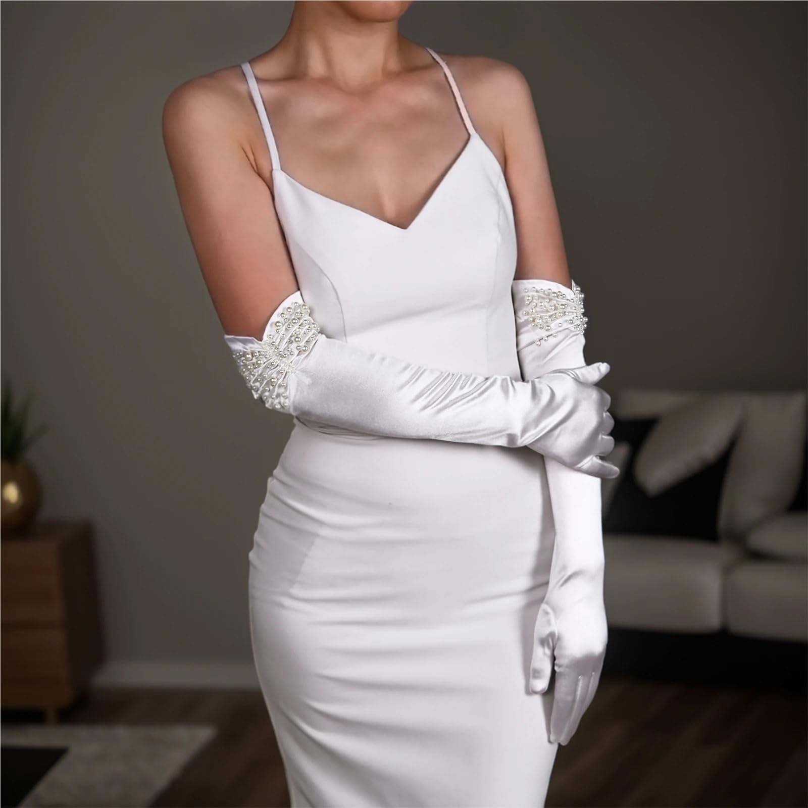 2 paia di guanti da sposa Per Il Tempo Libero E Le Feste | Perle Perline Copre Braccia Bianco Lungo Raso Elegante Donna Festa