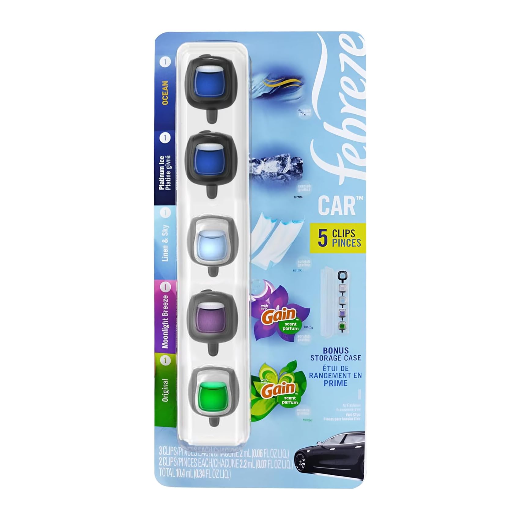 Febreze Car Air Freshener 5 Count - Ocean, Original, Moonlight Breeze, Linen & Sky And Platinum Ice