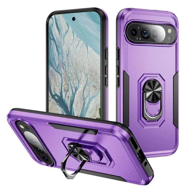 Generic Funda compatible con Google Pixel 9 (color: morado) con soporte de anillo de silicona dura de doble capa