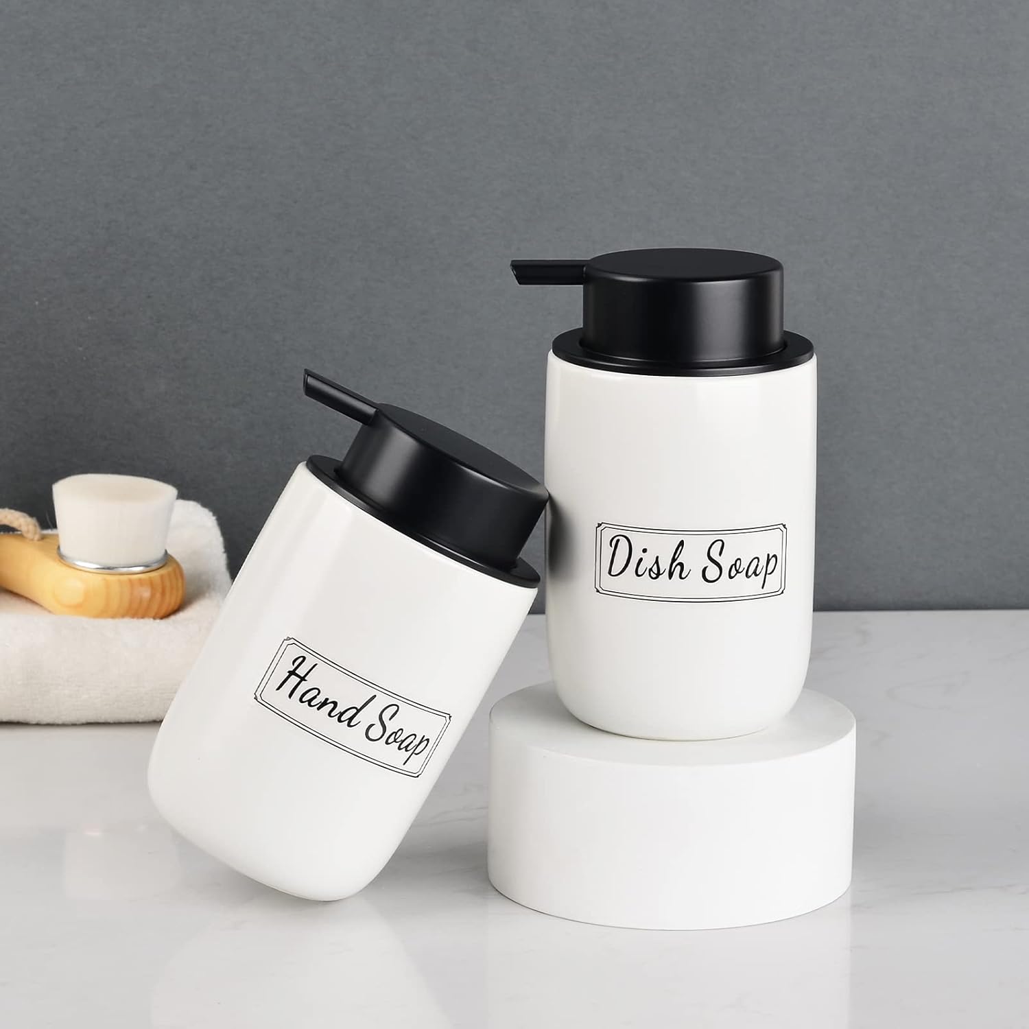 BosilunLife White Soap Dispenser Set - 2 Pack 12oz Ceramic Dish Soap Dispenser with Rust Proof Pump for Kitchen, Hand Soap and Lotion Set Suitable for Farmhouse Bathroom Decor with Waterproof Labels - Image 7