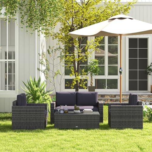 Outsunny 4 Piece Wicker Patio Furniture Set with Cushions, Outdoor Sectional Furniture with 2 Sofa, Loveseat, and Glass Top Coffee Table, Conversation Sofa Sets for Garden, Gray