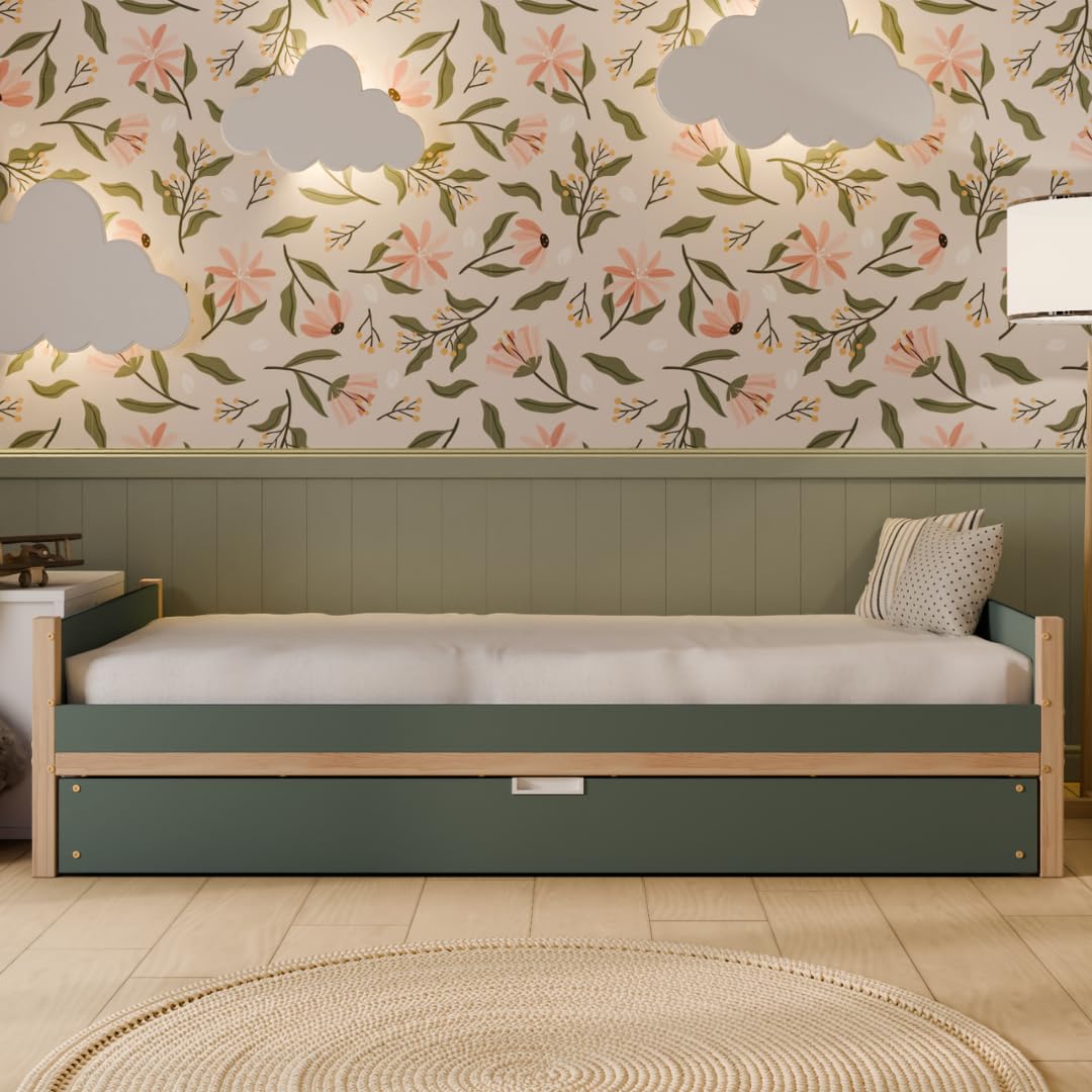 Lit Enfant 90x190 cm – Lit Classique en Bois Composite (LHDF), Vert Forêt, Pieds en Pin Massif, Tête/Pied de Lit, avec Tiroir de Rangement– Montage Facile – Crazy Axel