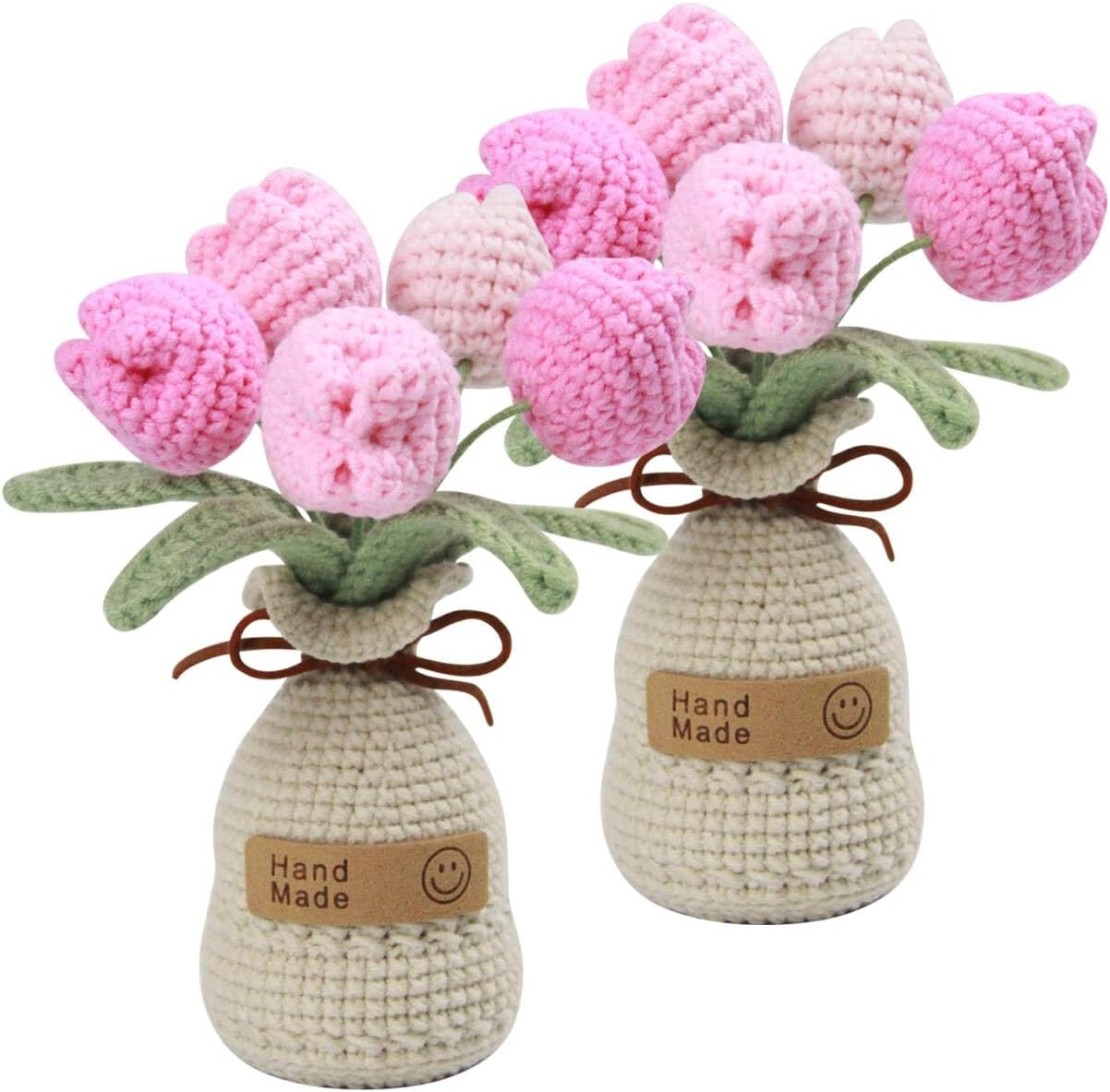 2 Pcs Tulip Flower Pot Decoration, Knitted Simulation Plant, Cute Tabletop Ornament for Home Office for Mom, Love, Birthday and Anniversary (5 Flowers)